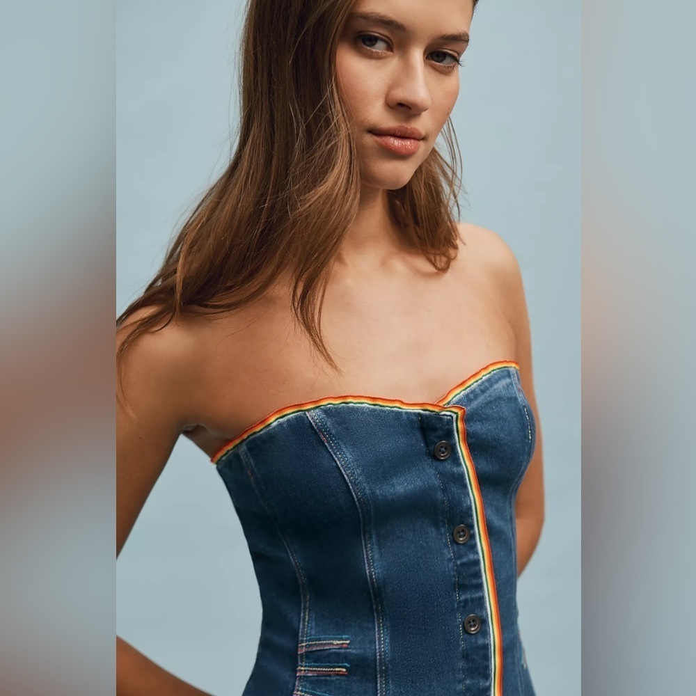 NWT! Anthropologie Pilcro Strapless Button-Front Denim Mini Dress 🚦 🥝 - Picture 4 of 7